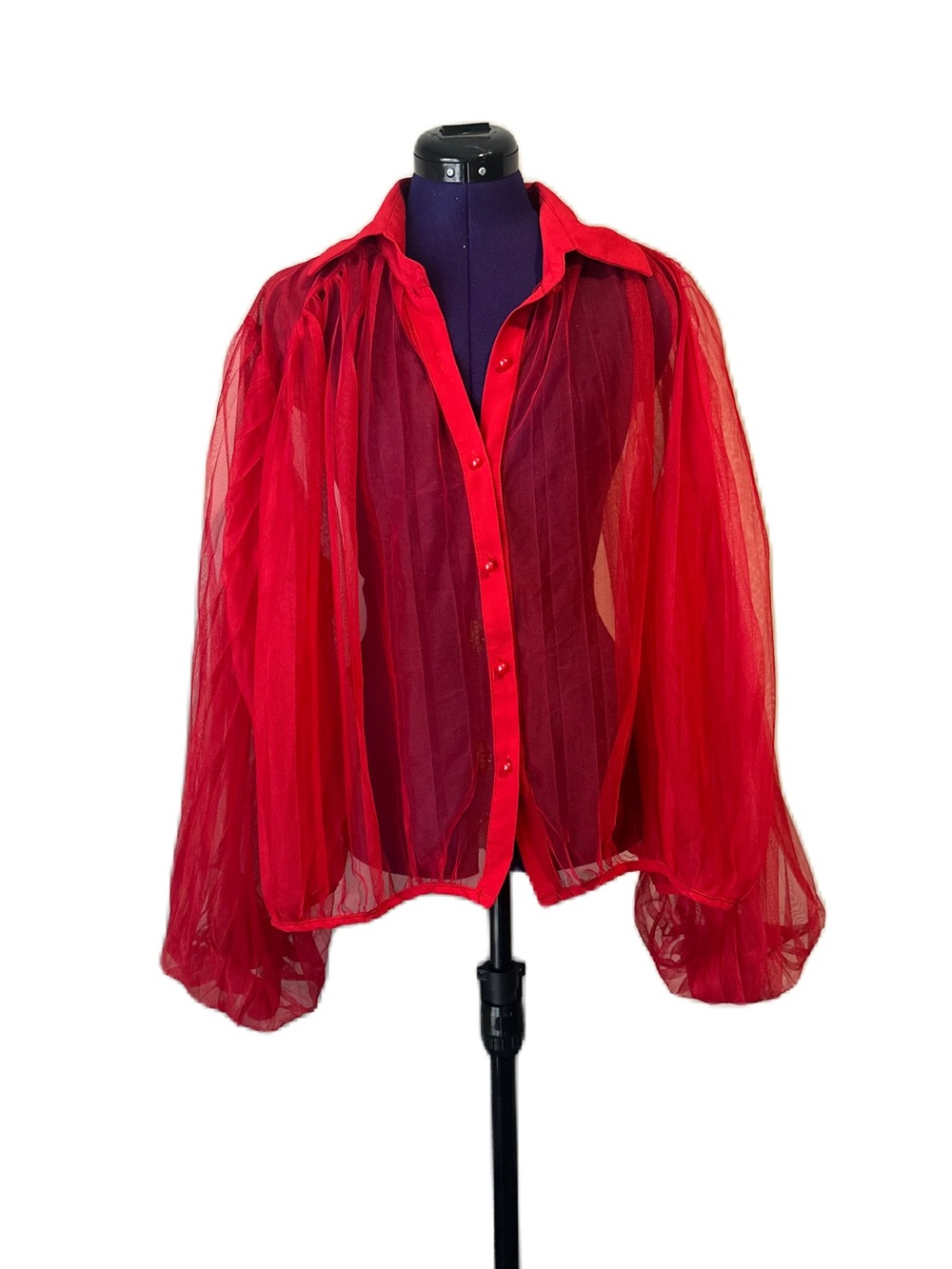 Red Sheer Mesh Long Sleeve Top